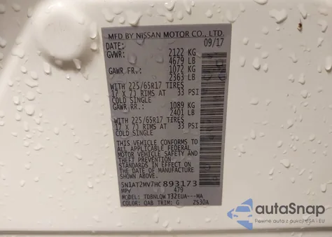 2017 Nissan Rogue Sv z USA, uszkodzony, nr VIN 5N1AT2MV7HC893173